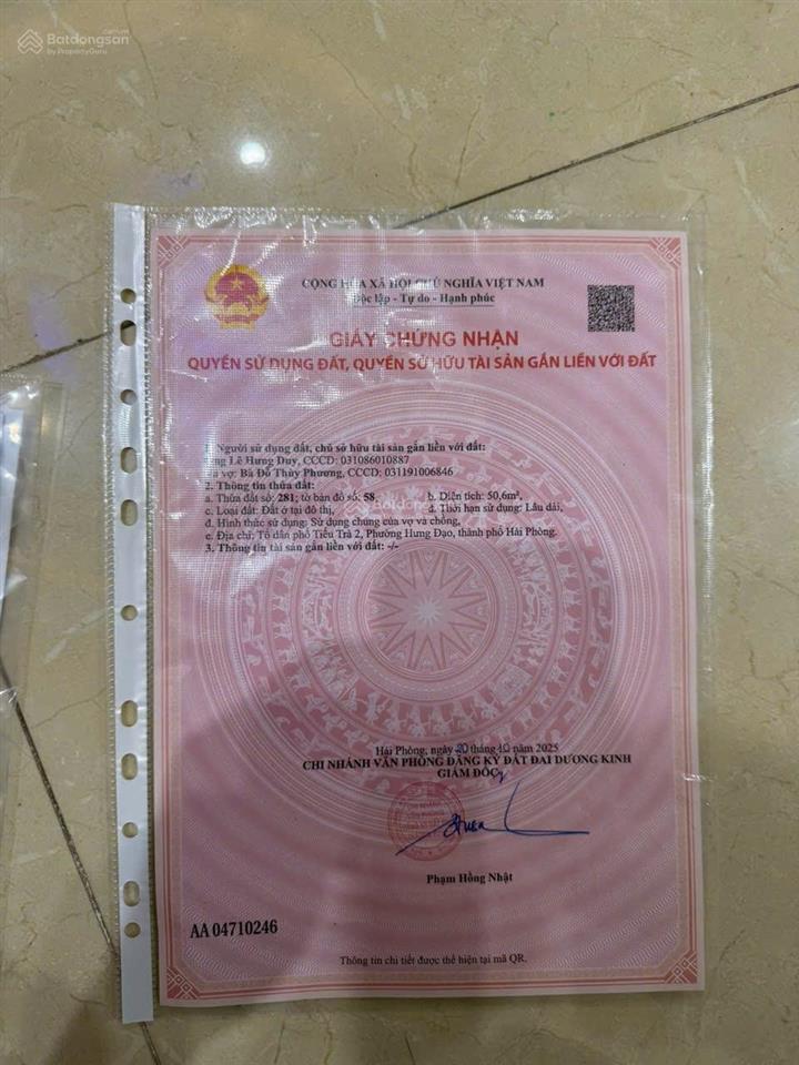 Bán đất thổ cư 50,6m2 ngõ rộng hơn 3m tiểu trà, phường hưng đạo, hải phòng