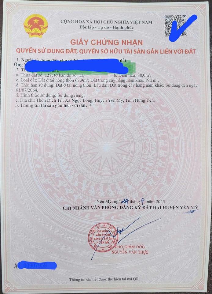 Bán đất thổ cư thôn dịch trì, xã nguyễn văn linh, hưng yên vị trí đẹp giá tốt