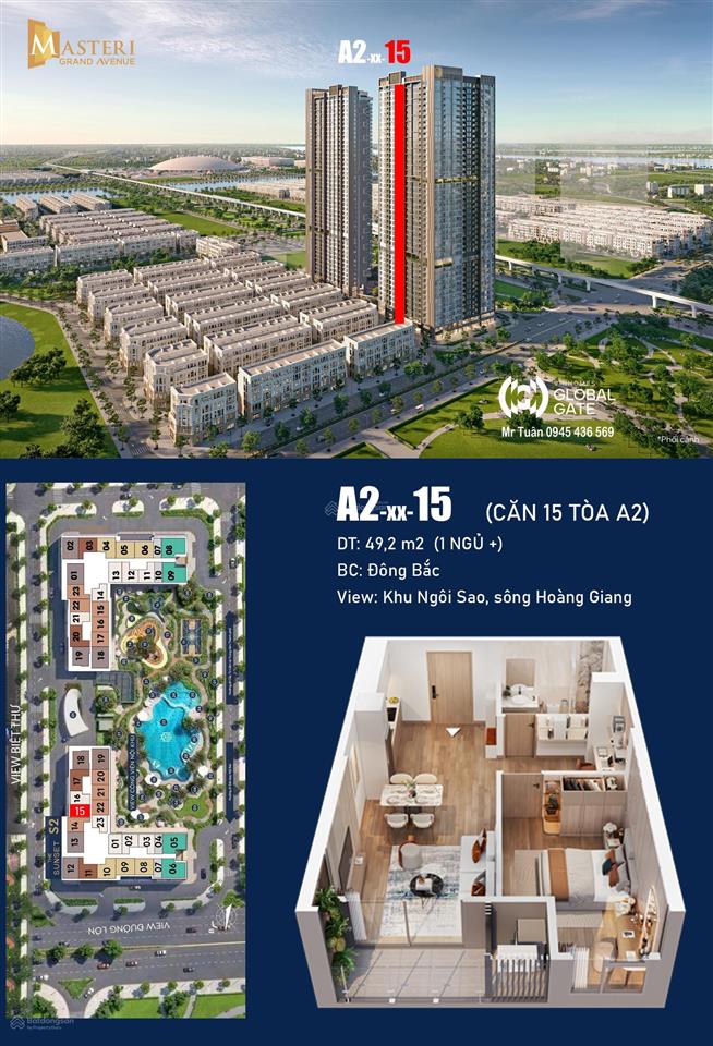 Bán cắt lỗ căn 1pn+1 tầng trung toà masteri grand avenue cổ loa