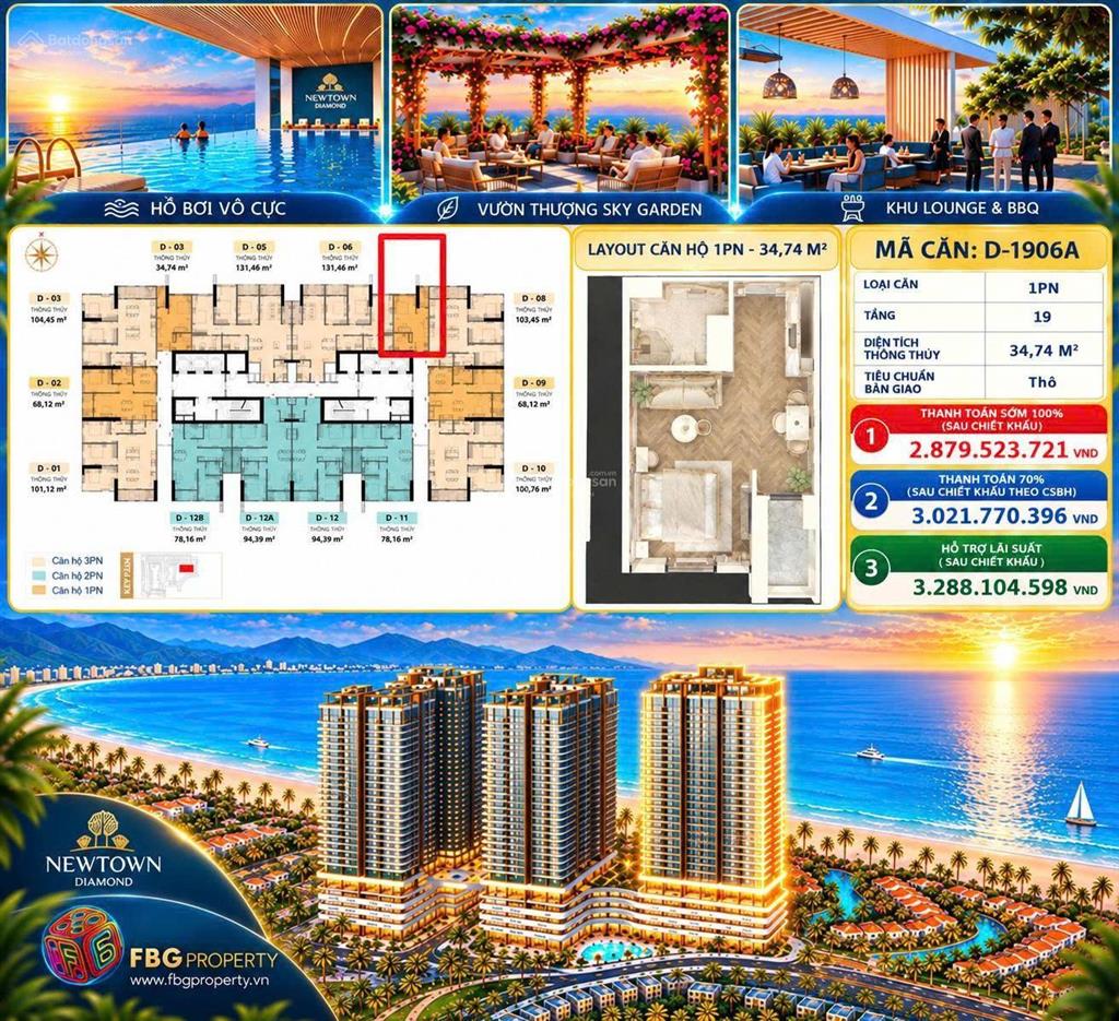 Cần bán gấp căn hộ newtown diamond  ngũ hành sơn, đà nẵng  2,879 tỷ  view trực diện biển