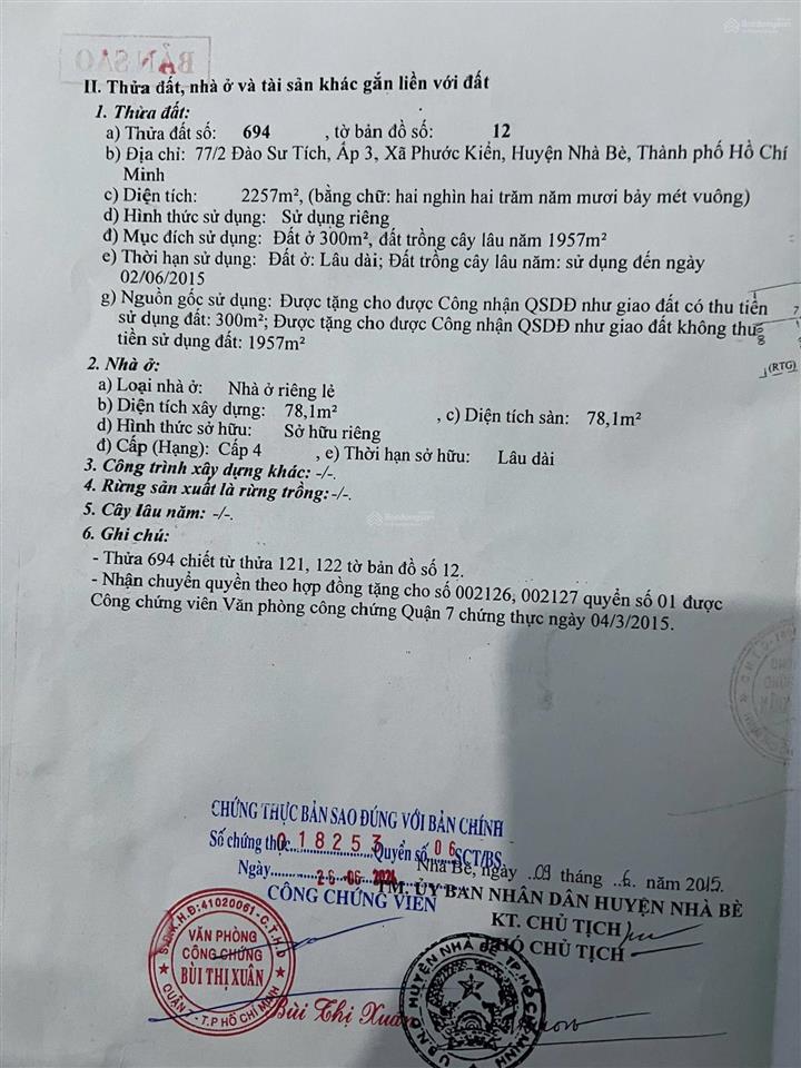 Bán 2257m có 300m đất thổ cư hẻm lớn đào sư tích, phước kiển, nhà bè