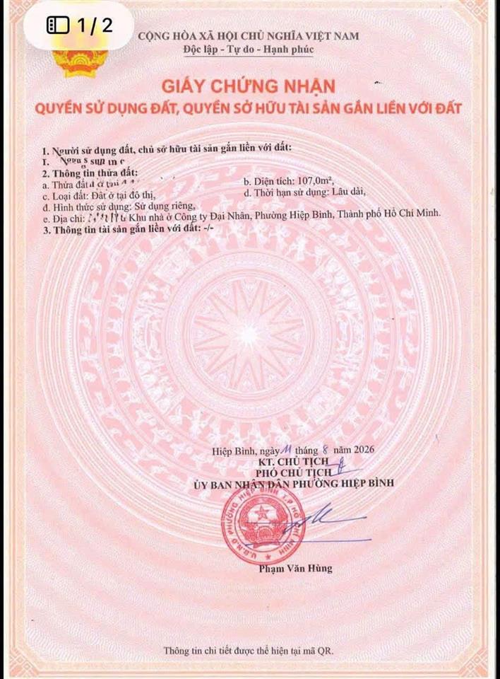 Bán đất nền tđc đại nhân diện tích 5x19n ngay kđt vạn phúc giá cực tốt chỉ 9,6 tỷ.  0901 461 ***