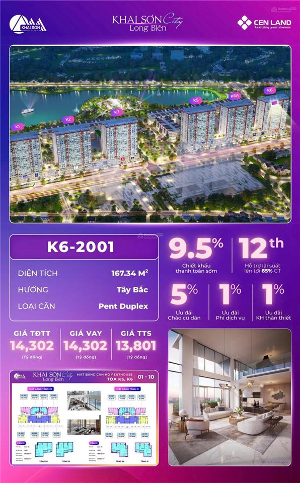 Siêu phẩm penthouse thông tầng 167m2 khai sơn city long biên view vin cổ loa giá 13.8 tỷ, ck 9.5%