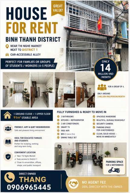 Cho thuê nhà nguyên căn bình thạnh, giá tốt, gần chợ thị nghè, sát quận 1 hẻm xe hơi