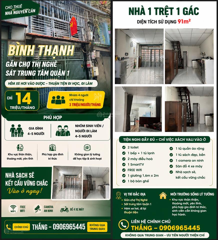 Cho thuê nhà nguyên căn bình thạnh, giá tốt, gần chợ thị nghè, sát quận 1 hẻm xe hơi