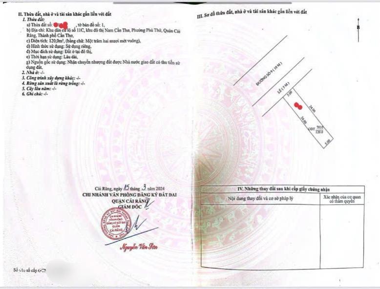 Bán đất thổ cư 120m2, khu nông thổ sản, lộ 20m, sổ hồng, tây bắc