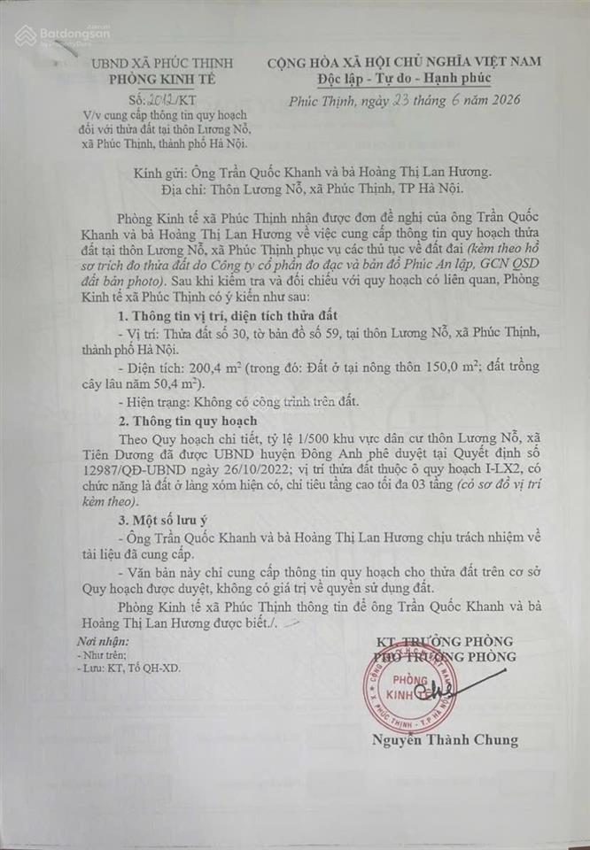 Bán 80m2 thôn lương lỗ  xã phúc thịnh  tp hà nội (xã tiên dương  huyện đông anh cũ). s = 80m2