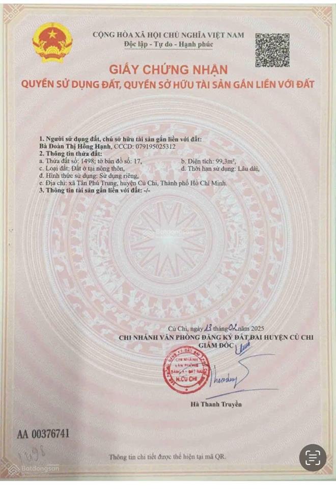 Chủ ngộp ngân hàng cần bán gấp miếng đất tân phú trung, 100m2, sổ hồng riêng