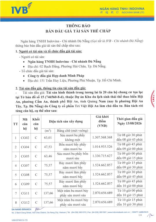 Ngân hàng tnhh indovina bán đấu giá tài sản căn hộ cao cấp tại dự án the pearl hội an, tp đà nẵng