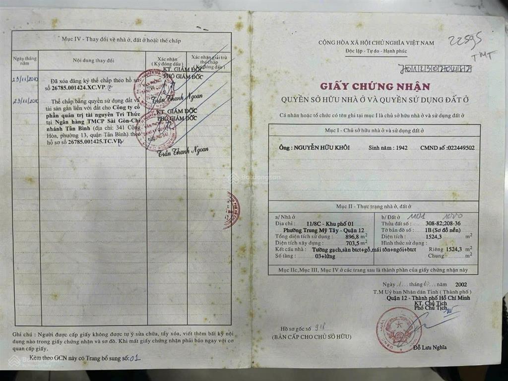 Chính chủ bán 1525m2 đất mt nguyễn ảnh thủ q12 ctxd 2 hầm 15 tầng giá 210ty, hdt 400tr/ tháng