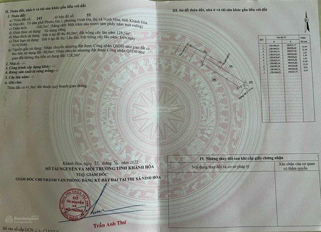 Cần bán đất mặt tiền quốc lộ 1a trung tâm thị xã ninh hòa