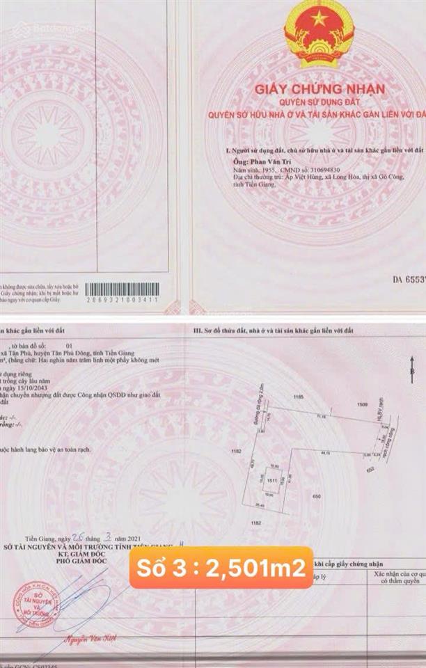 4.413m² đất giáp rạch 150m² thổ cư gần chợ rạch vách cù lao tân phú đông