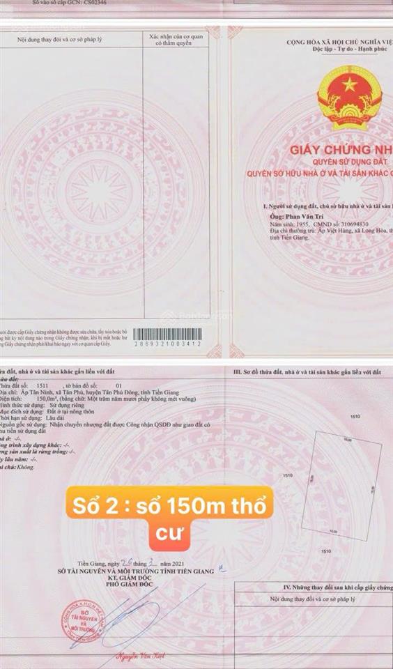 4.413m² đất giáp rạch 150m² thổ cư gần chợ rạch vách cù lao tân phú đông