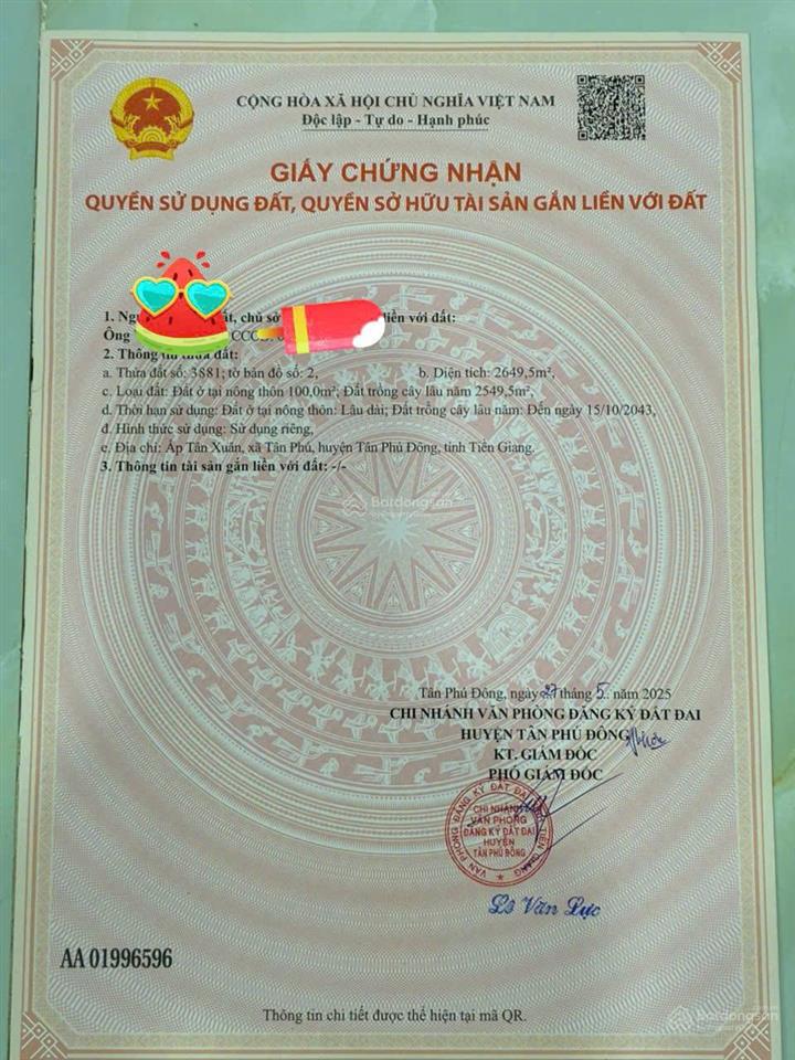 2.649m2 đất thổ cư mặt tiền sông lớn. giá tốt để chốt trọn thửa 1 tỷ 690 triệu