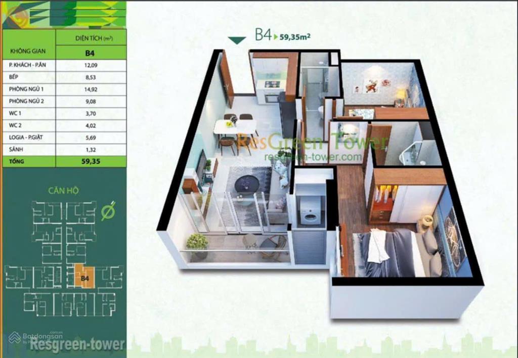 Bán căn hộ chung cư res green tower, có sổ hồng, 60m2  2pn 2wc ntcb, ban công thoáng mát, giá tốt