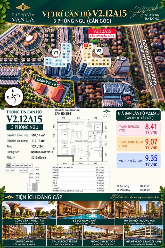 8,41 tỷ sở hữu căn hộ 3pn+ góc đông nam view biệt thự thấp tầng