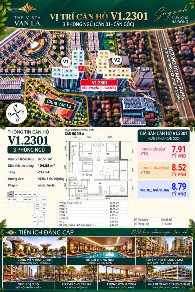 Giá thanh toán luôn 7,91 tỷ sở hữu căn hộ 3pn góc tầng trung view thành phố