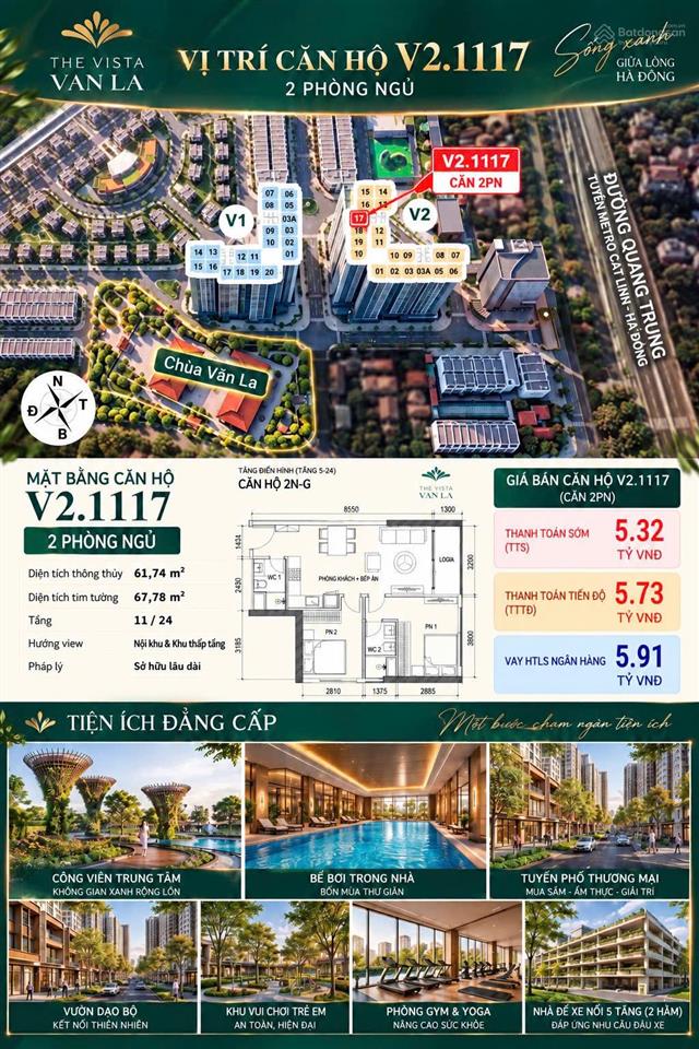 Căn hộ 2pn diện tích 62m2 giá tốt the vista văn la  bàn giao full nội thất cao cấp