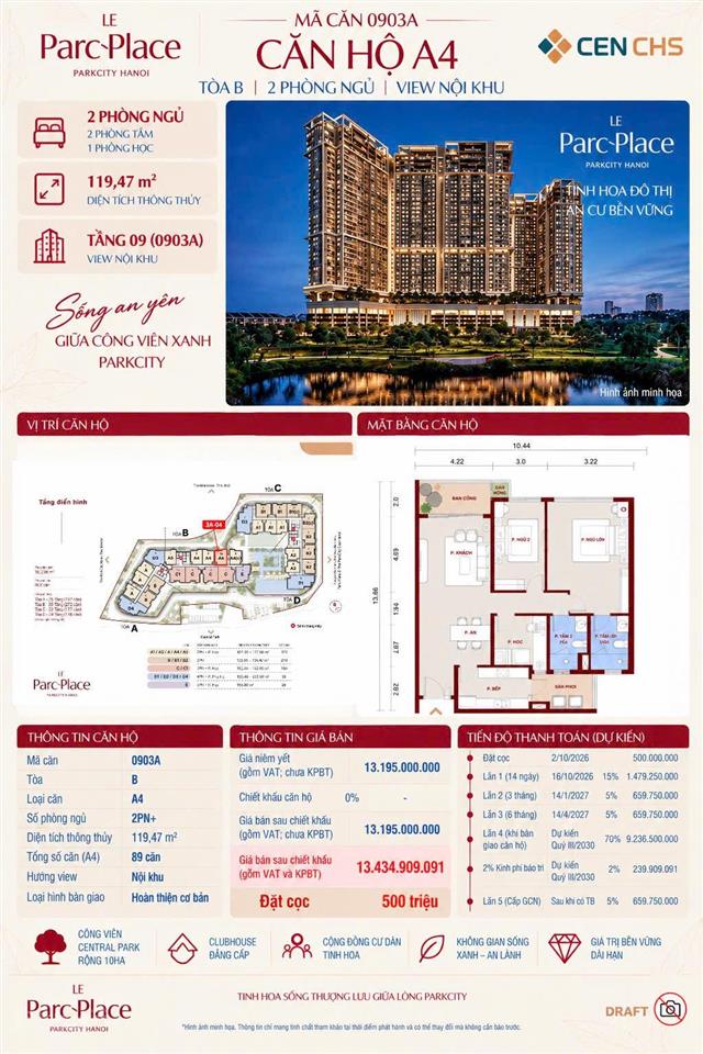 Mở bán căn hộ 2pn+ diện tích lớn 120m2 view thành phố