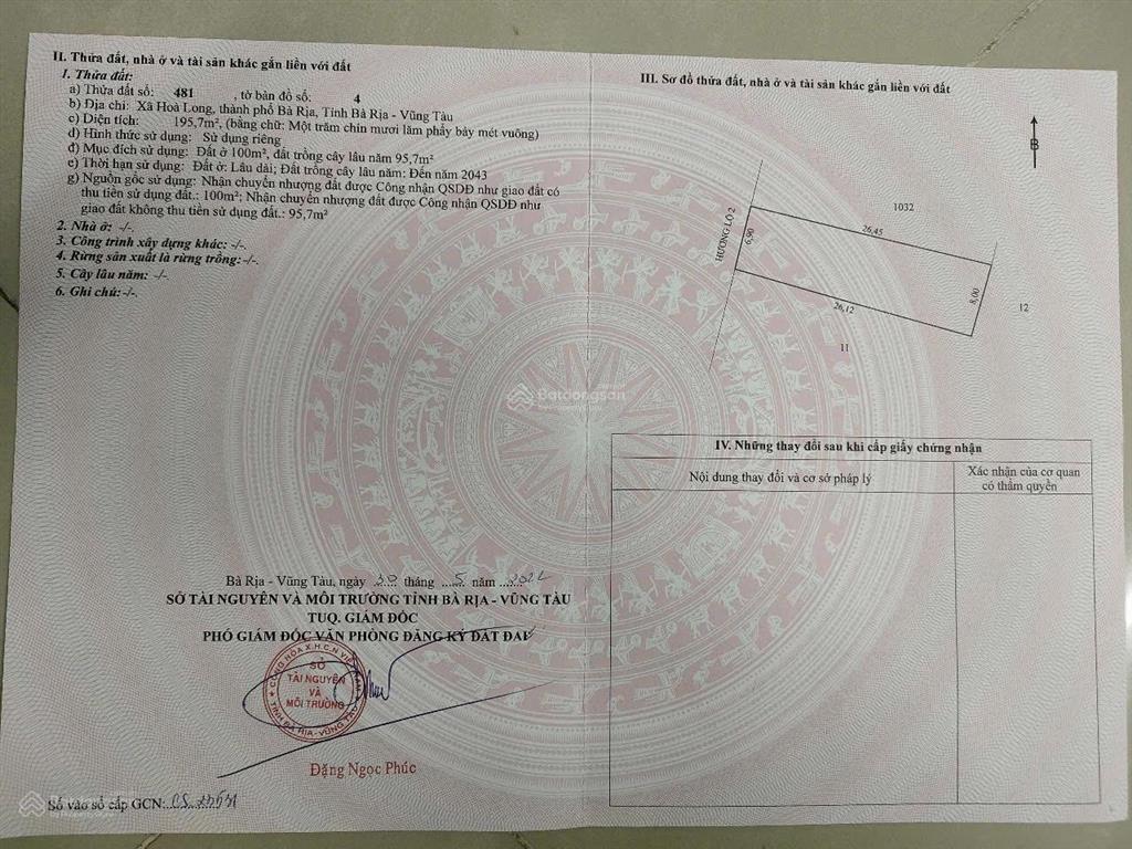 Bán đất mặt tiền đường hương lộ 2  hoà long  bà rịa, đất nở hậu 8m