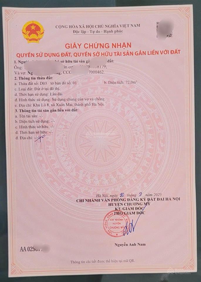 Bán lô đất 72m2 tại xã xuân mai, hà nội, gần quốc lộ 21a, khu dân cư đông đúc