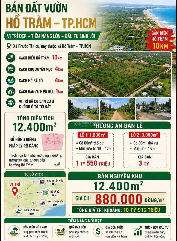Chính chủ gởi bán lô đất thổ cư xã hồ tràm, hồ chí minh