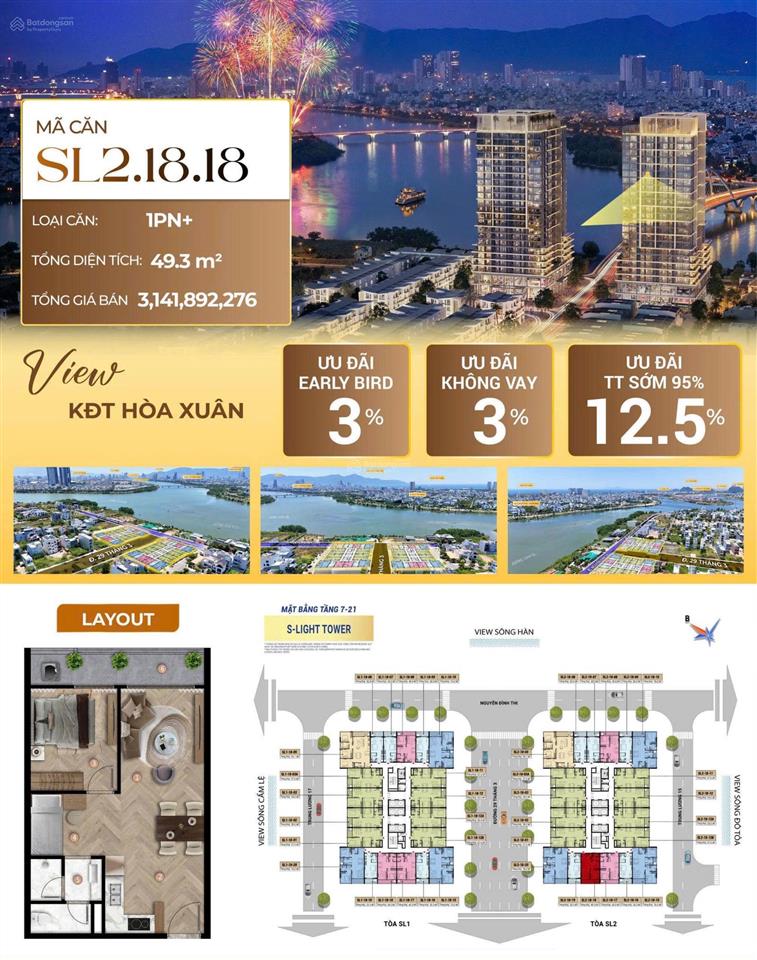 Bán căn slight 49,3m2 giá chủ đầu tư tầng cao thoáng mát, chỉ hơn 2ty5