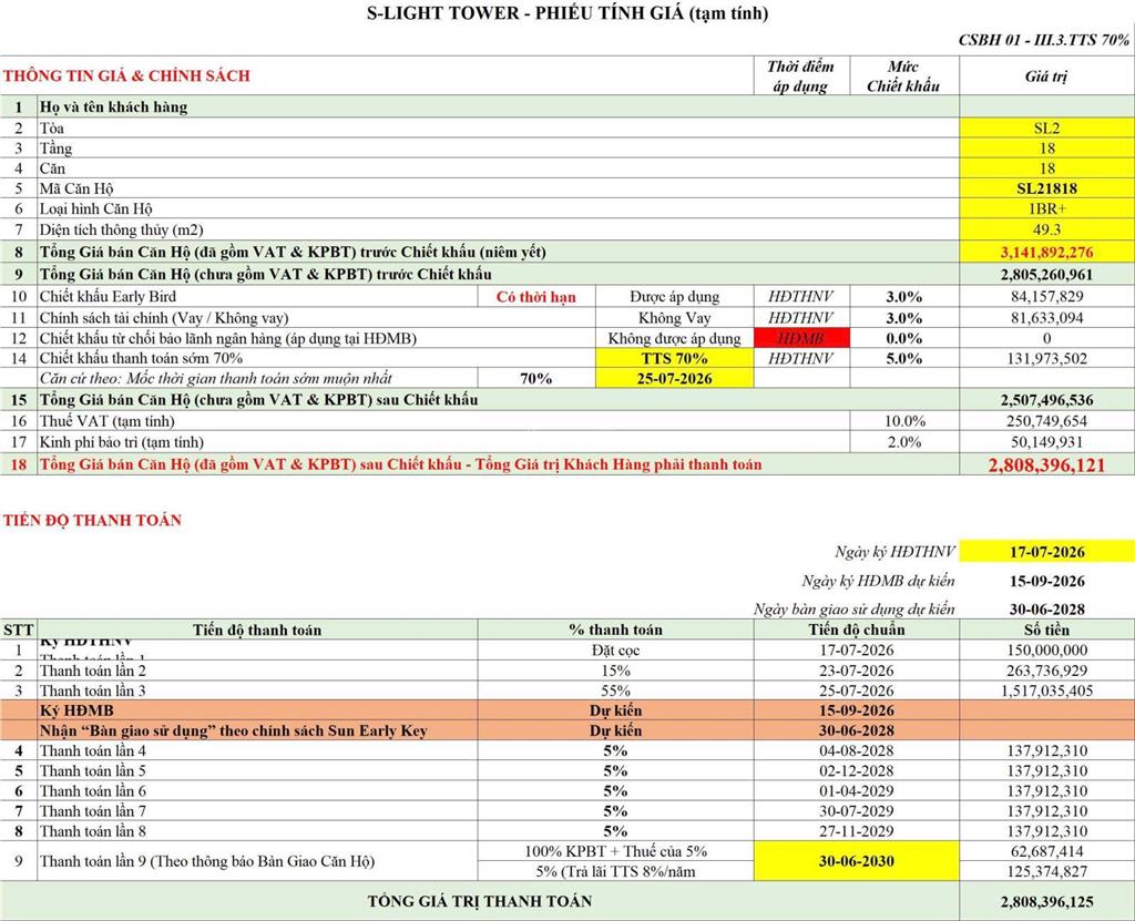 Bán căn slight 49,3m2 giá chủ đầu tư tầng cao thoáng mát, chỉ hơn 2ty5