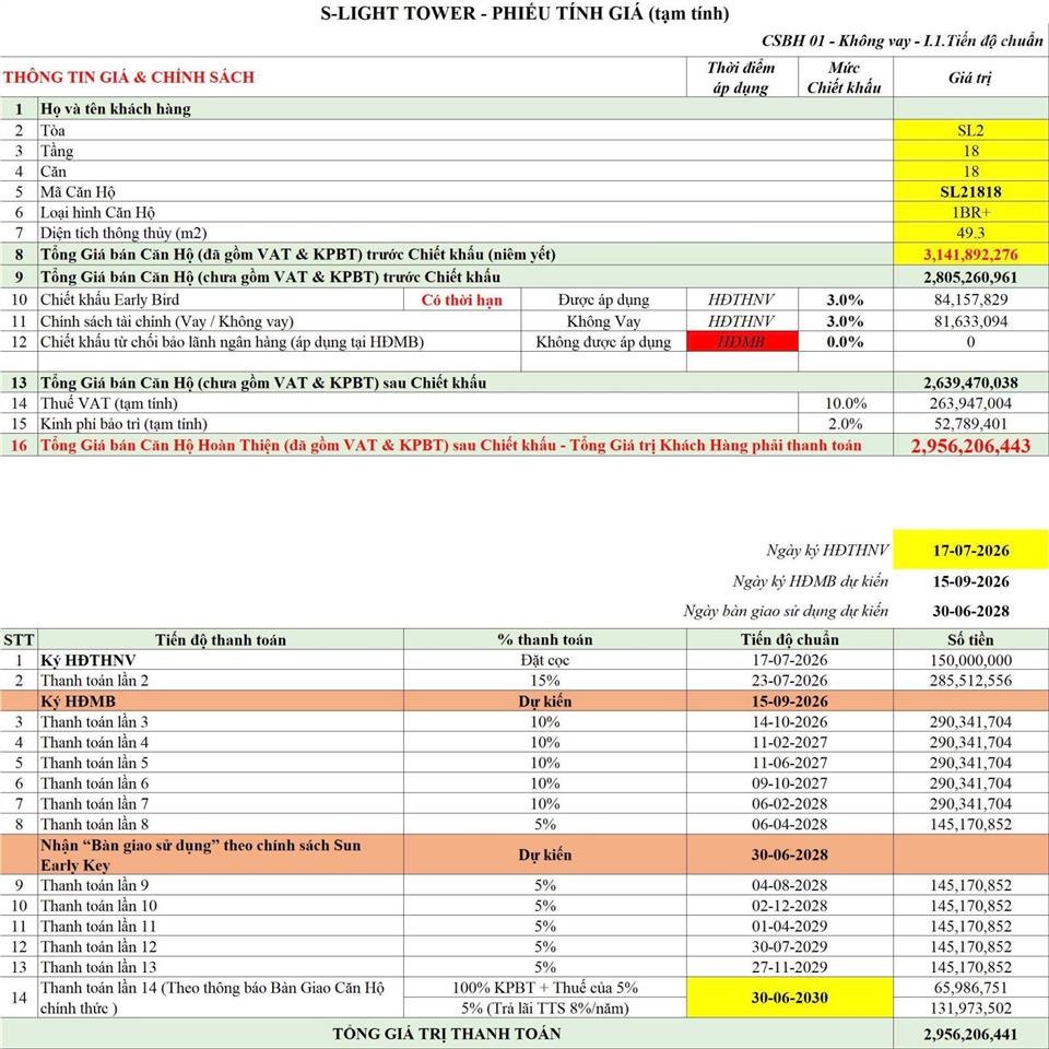 Bán căn slight 49,3m2 giá chủ đầu tư tầng cao thoáng mát, chỉ hơn 2ty5