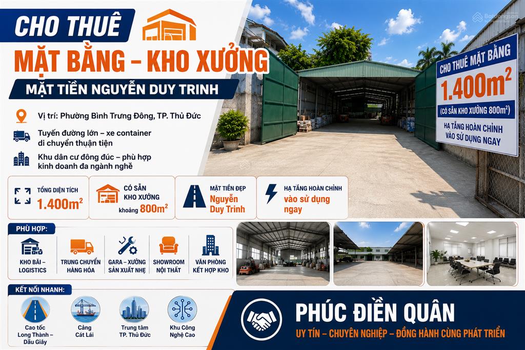 Cho thuê 1400m2 mặt tiền nguyễn duy trinh 0902 454 ***