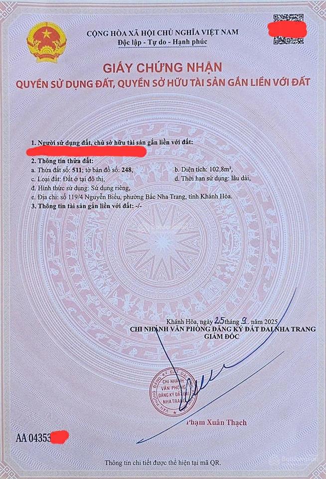 Bán lô đất đẹp hẻm nguyễn biểu, vĩnh hải  102,8m2 ngang 5m  giá 65 tr/m2
