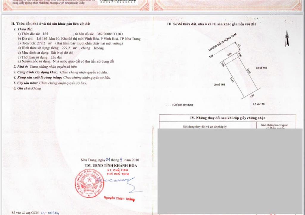 Giá cực rẻ. biệt thự đường huỳnh văn nghệ, vĩnh hoà, nha trang  279,2m2 ngang 10m  giá 48 tr/m2