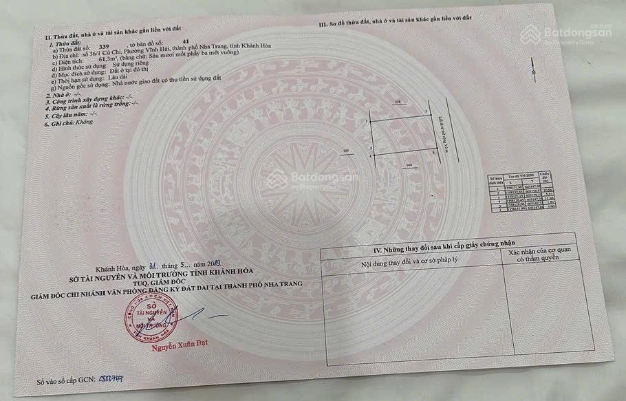 Lô đất hẻm củ chi, bắc nha trang  61,3m2 ngang 5,5m  giá 62 triệu/m2