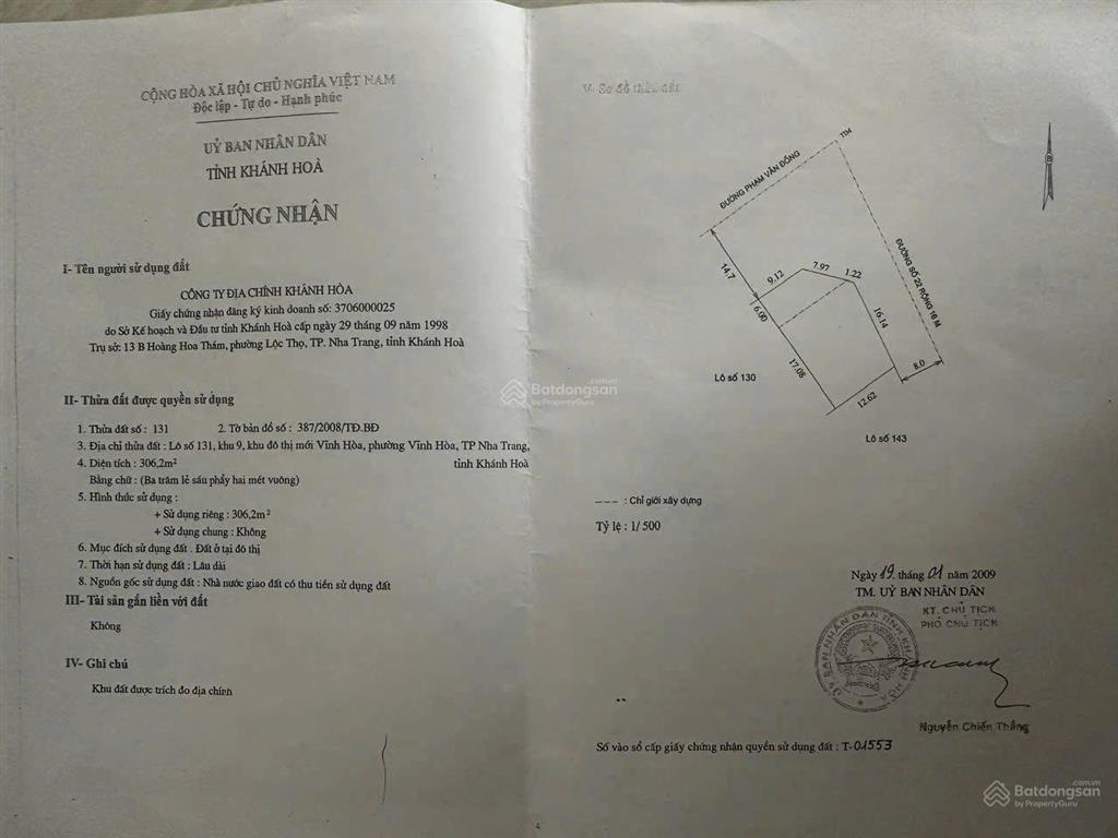 Bán đất lô góc biệt thự phạm văn đồng + trần đăng kđt mới vĩnh hoà, nha trang 306,2m giá 75tr/m