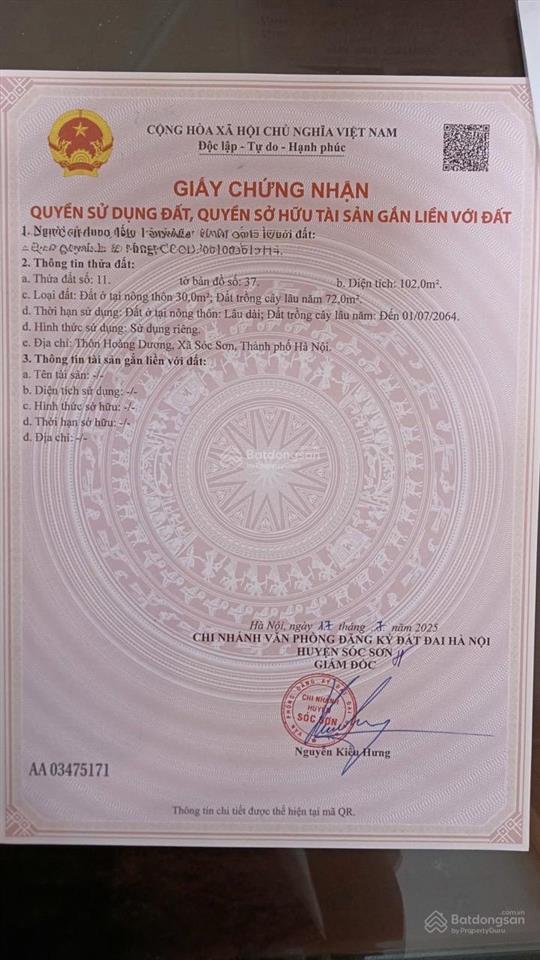 Bán 102m2 đất tại thôn hoàng dương, xã mai đình, huyện sóc sơn, hà nội
