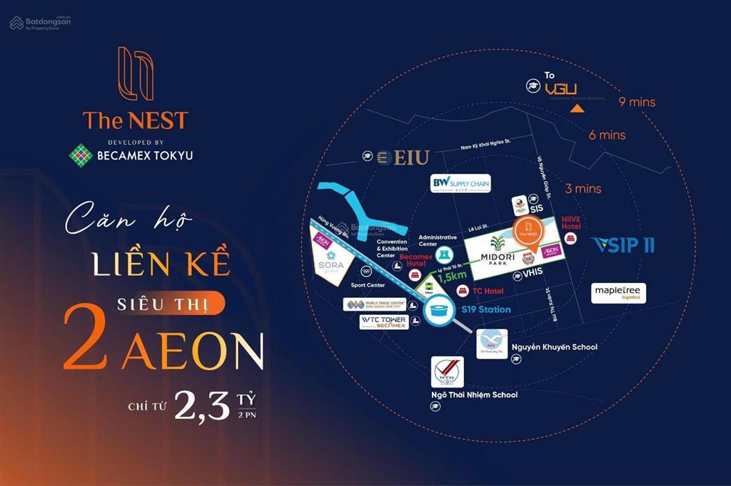Boooking ngay 3pn 75m2 the nest midori park becamex tokyu dự kiến chỉ 46tr/m2 giá gốc cđt, lk aeon
