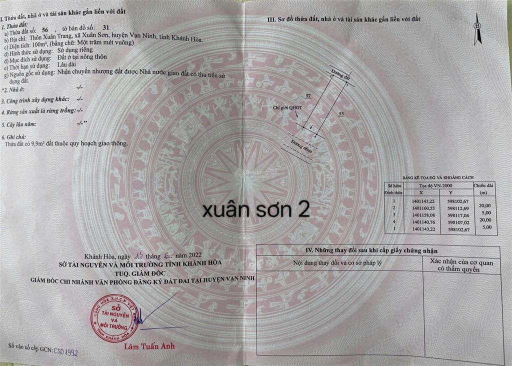 Cần bán nhanh lô đất 2 mặt tiền ngay tại vị trí xuân sơn, vạn ninh chỉ 9tr/m2