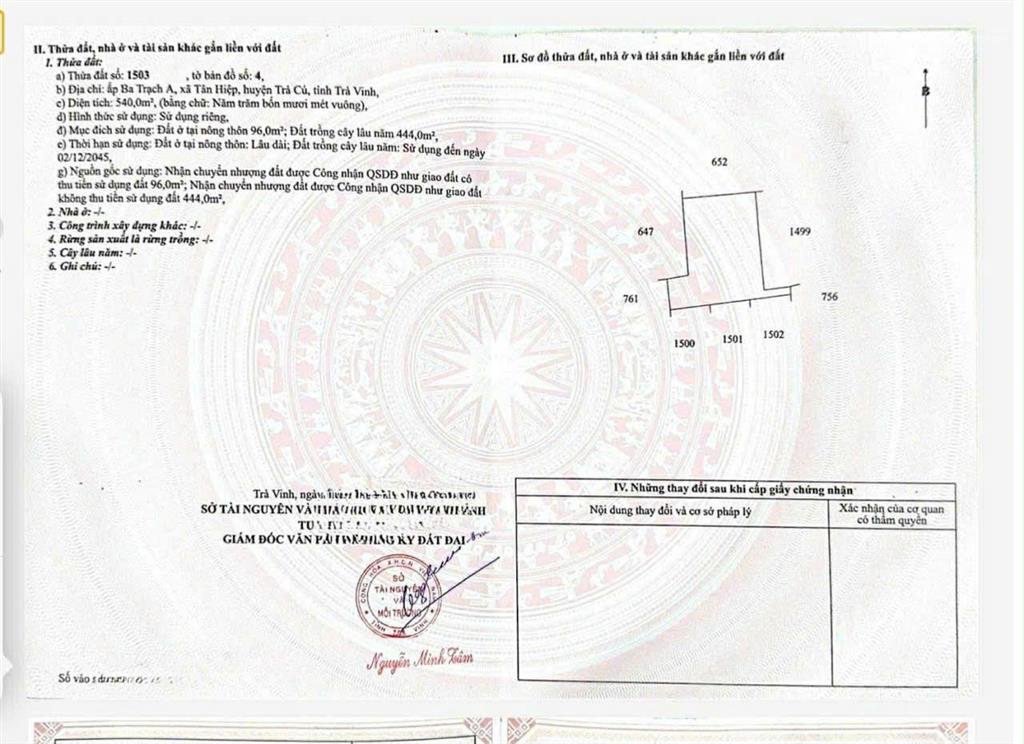 Bán 540m đất thổ cư trà vinh tân hiệp giá 300 triệu (bán đúng giá)