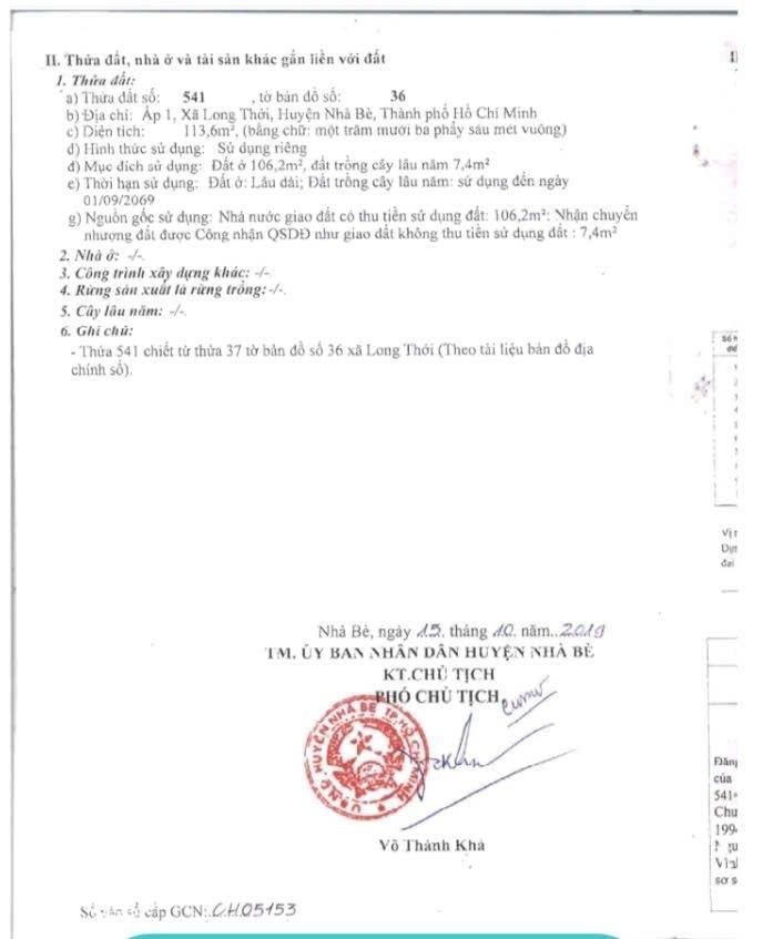 Bán đất hẻm 541 nguyễn văn tạo xã long thới diện tích 113m2 có 106m2 thổ cư giá 2,7 tỷ