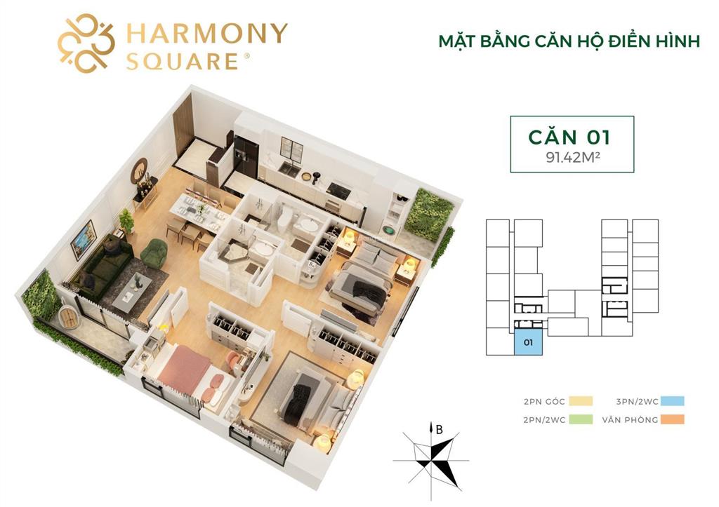 Tôi cần bán căn 3 ngủ góc ban công đông nam 91m2 giá 7,8 tỷ bao thuế phí tại harmony square