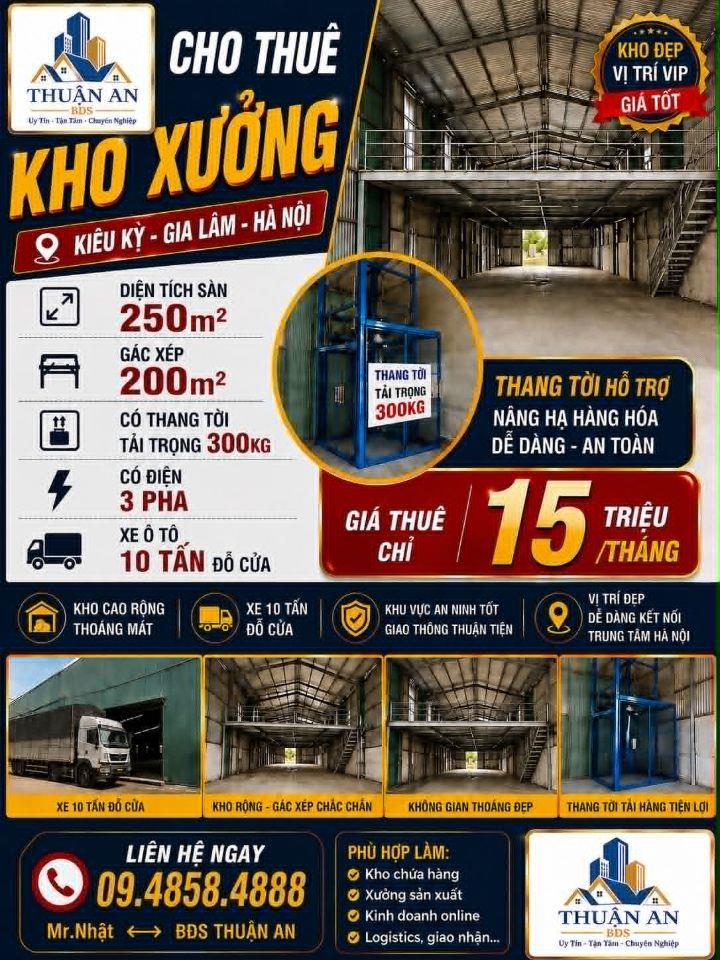 Cho thuê kho, xưởng DTSD 450m2 mtien 10m2 Kiêu Kỵ, Gia Lâm đường xe tải 10 tấn đỗ cửa