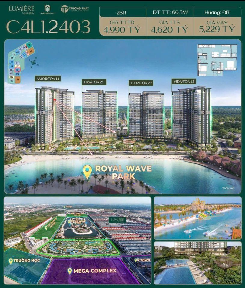  Bán căn 2Pn 60m Tòa Masteri Spring Bay - Ocean Park 2 ngay biển hồ tạo sóng Lh 0987106521
