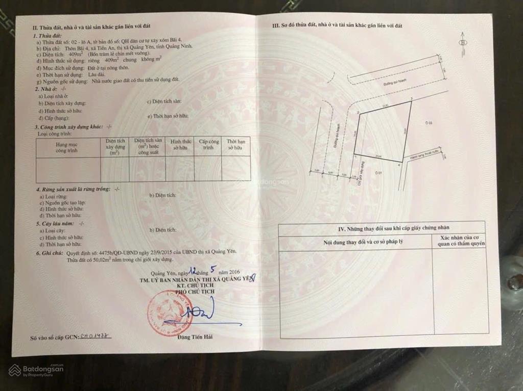 Siêu hot bán đn 409m2 tại thôn bãi 4, xã tiền an, huyện quảng yên, 8 tỷ vnd