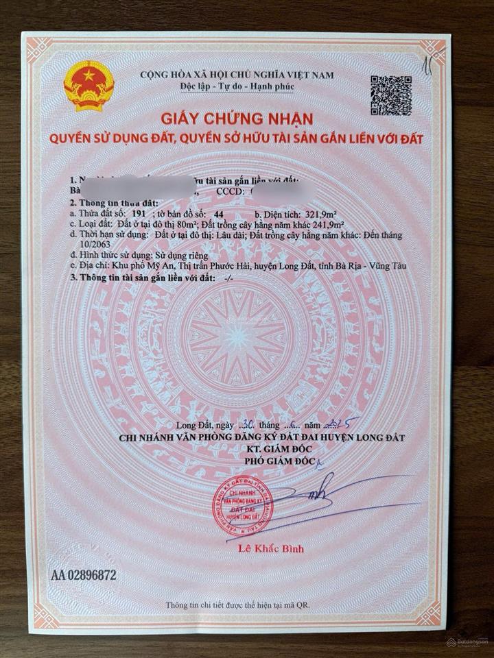 Bán đất đối diện trường tiểu học long mỹ tt phước hải, long đất, bà rịa vũng tàu 322m2 thổ cư 80m2