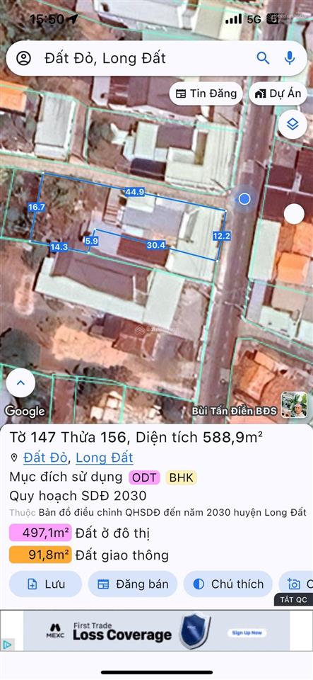 Nhà 588m2 trung tâm xã đất đỏ góc 2 mặt tiền đường phạm văn đồng