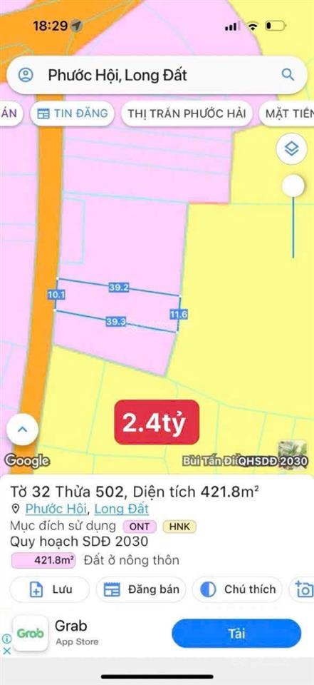Đất biển phước hải, tp. hcm view đồng lúa 421m2 10x39m  80m2 thổ cư giá 2,4tỷ đường nhựa sổ sẵn