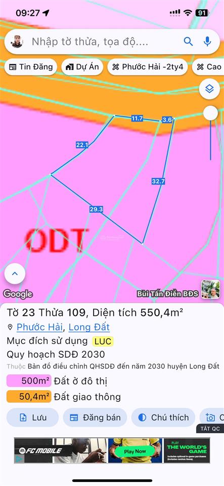 Bán 550m2 đất trục chính mặt tiền tỉnh lộ 44b  thị trấn phước hải