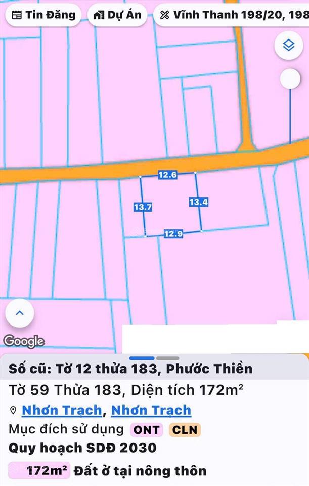 Bán đất phước thiền, nhơn trạch. dt 172m2, trong đó có 100m2 thổ cư. giá tốt, sổ sẵn sàng,  ngay