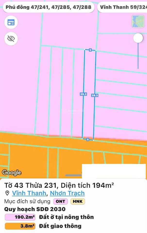 Bán đất đẹp tại xã vĩnh thanh, đồng nai. dt 194m2, cơ hội đầu tư, vị trí đẹp, giao dịch dễ dàng