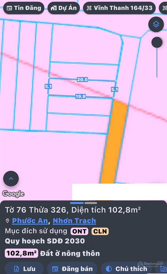 Bán đất phước an, nhơn trạch. dt 102,8m2, trong đó có 97m2 thổ cư, giao dịch nhanh chóng, dễ dàng